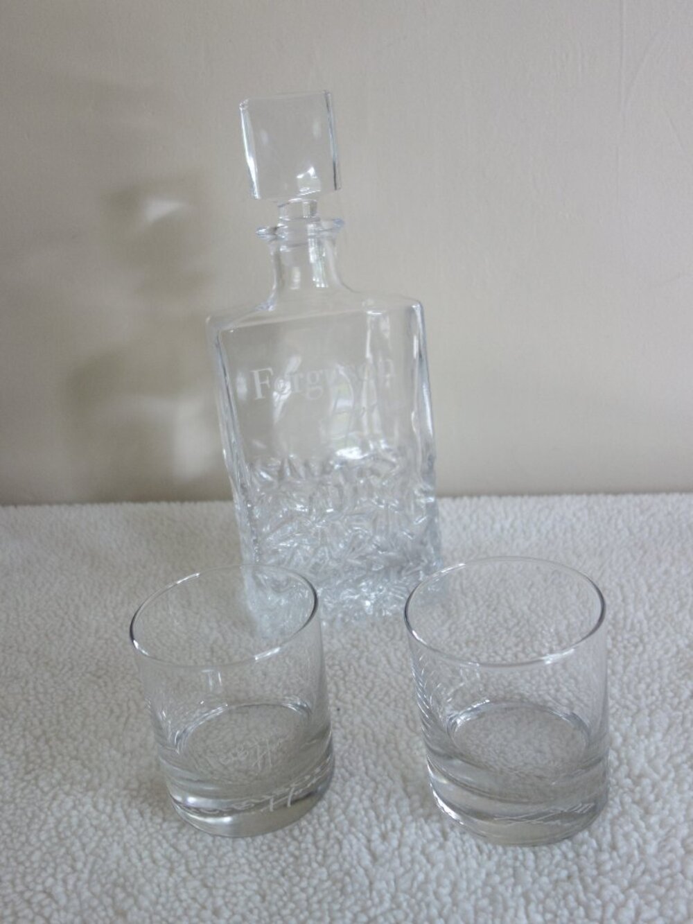 New Heavy Liquor Decanter w/ stopper and 2 glasses – Etched “Ferguson Home”